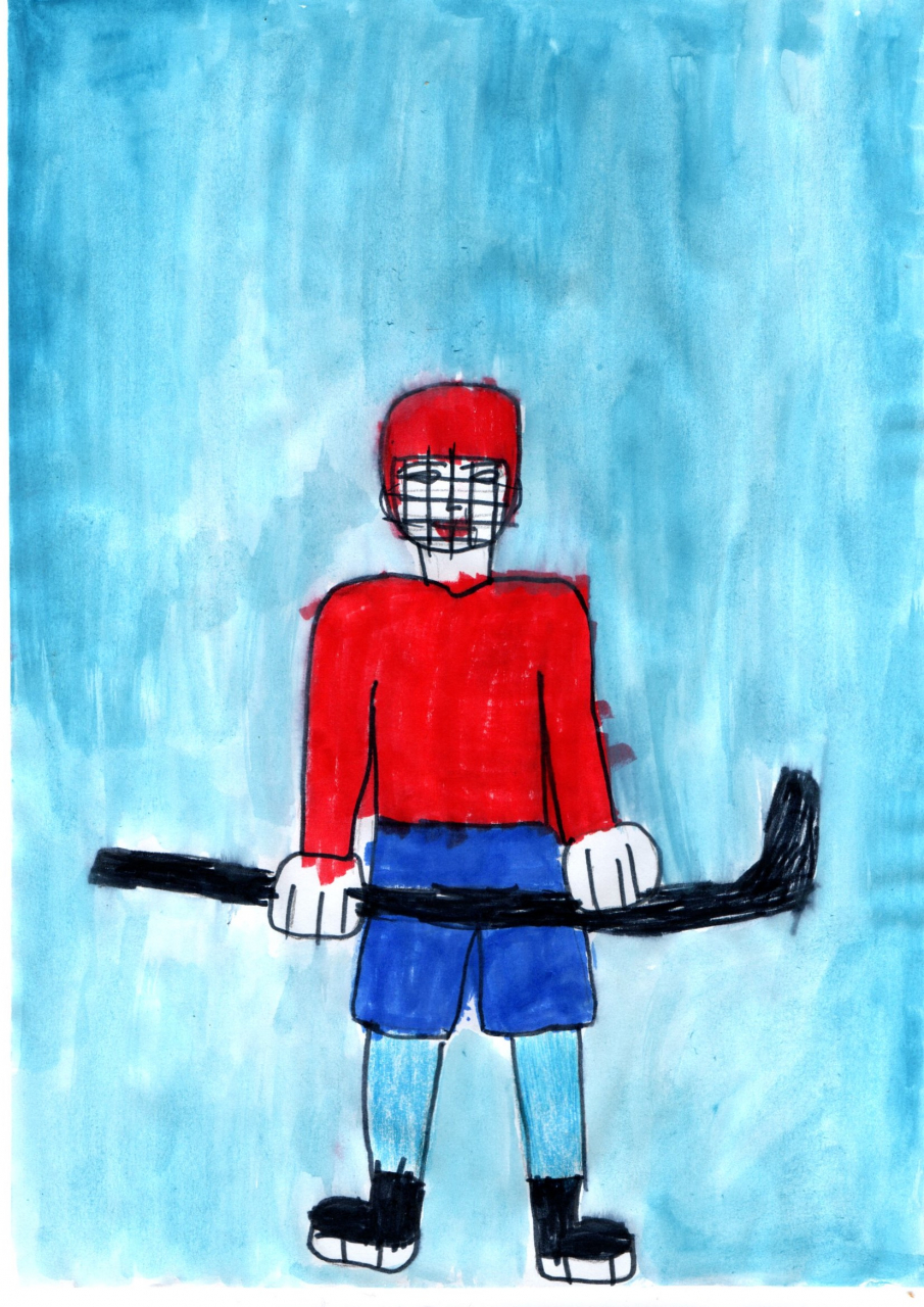 Я хоккейный папа песня. Нарисовать хоккеиста. Папа хоккеист рисунок. Рисунок мой папа хоккеист. Хоккеист рисунок с гуашью.