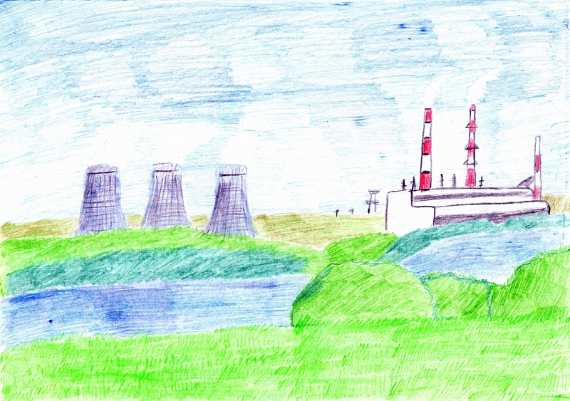 Каширская ГРЭС. Автор Суркова Даша , 9 лет, рисунок выполнен карандашами